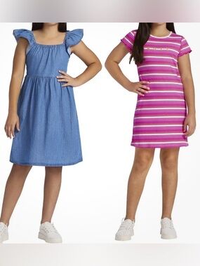 2pk Roxy Youth Dresses Size Medium 10-12 Girls Pink Stripe & Denim Blue New